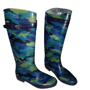 Ralph Lauren Rossalyn II Rain Boots Blue/Green Camo Tall Pull-on Womens Size 8B